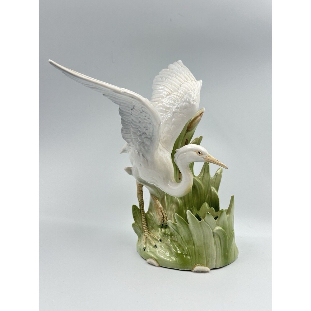 Vintage Fitz & Floyd Egret Heron Candleholder 1986 Porcelain Reeds & Cattails